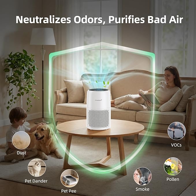 Pet Air Purifier for Home, AromaRoom Air Purifiers for Pet Hair Dander Odor Allergies Smoke, H13 HEPA Air Filter, Air Quality Monitor, Auto Mode, Quiet Air Cleaner for Bedroom, Living Room，White