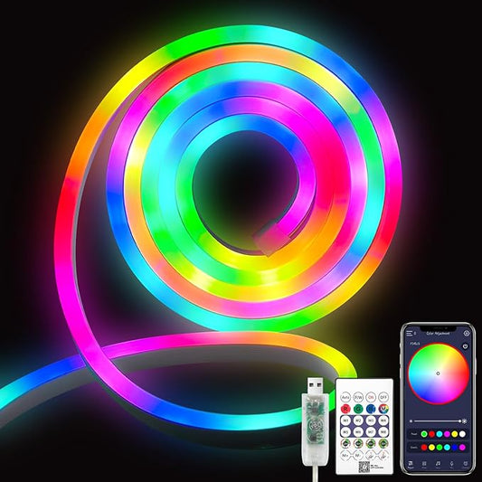 16.4FT/5M Smart IC LED Strip Lights, USB 5V Neon Rope Light with App/Remote Control, Color Changing, Easter Waterproof Cuttable Silicone Light for Valentines Bedroom TV Gaming Room Decor
