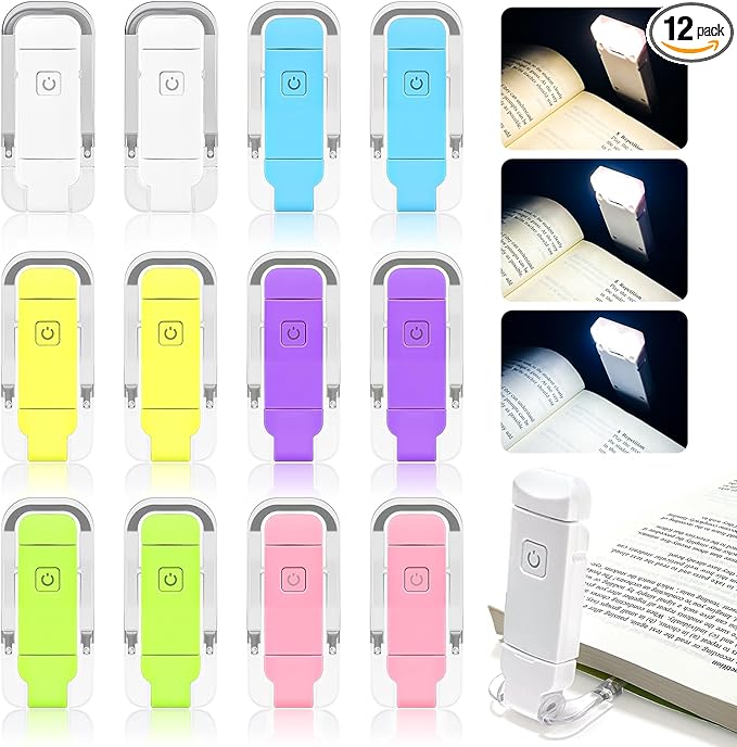 12 Pack Reading Light,Rechargeable Book Light for Reading in Bed, Eye Caring 3 Color Temperatures,Compact Size Clip on Book Lamp for Book Lovers Kids Adults（Multicolor）