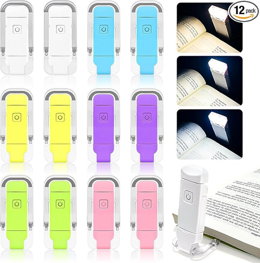 12 Pack Reading Light,Rechargeable Book Light for Reading in Bed, Eye Caring 3 Color Temperatures,Compact Size Clip on Book Lamp for Book Lovers Kids Adults（Multicolor）