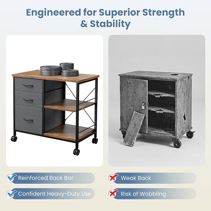 DUMOS File Cabinet, Mobile Storage Cabinet with 3 Drawers and Back Support Bar, Spacious Printer Stand with Storage Supporting 198 lbs for Home Office, Rust