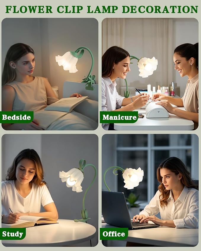 WERFOP Flower Lamp Clip on Light, 3 Color Modes Eye-Caring Desk Lamp with Clamp, Dorm Room Essentials, Flexible Neck Reading Clamp Lamps for College Bedside Bookshelf Studying Room (Green)