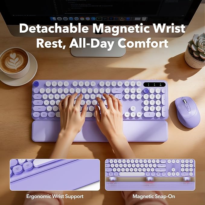 Wireless Keyboard and Mouse Combo with Detachable Magnetic Wrist Rest, Retro Typewriter-Style Keyboard, Round Keycaps, 3-Level DPI Ergonomic Mouse, 2.4GHz for Windows PC/Laptop (Lilac Purple)