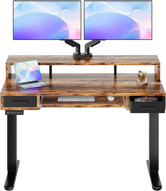 HUANUO 48″ x 26″ Electric Standing Desk with 2 Drawers &24.4″ Large Keyboard Tray, C-Clamp Mount Compatible, Adjustable Computer Desk for Office, Sit Stand Up Desk with 4 Height Presets, Vintage Brown