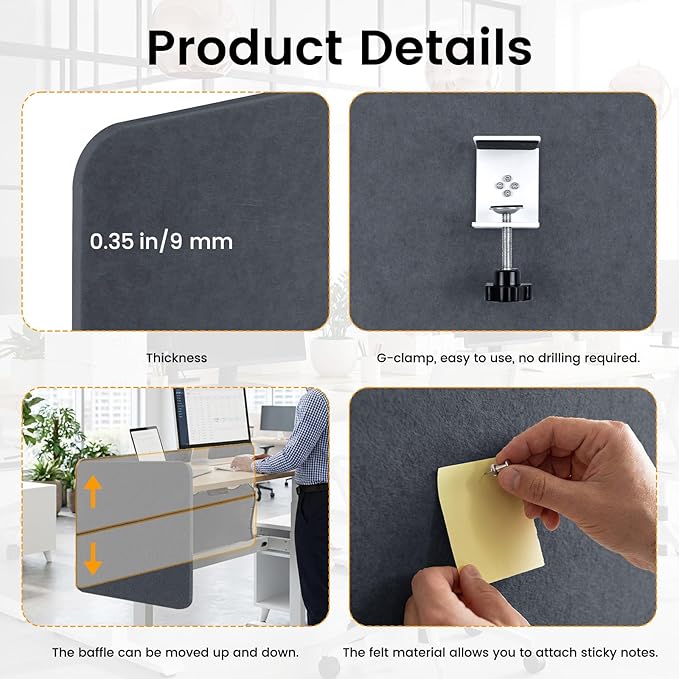 Desk Divider, Clamp On Felt Desk Privacy Panels, Acoustic Sound Absorbing Desk Partition for Office Desk, Reduce Distractions, Dark Gray, 2 Pack, 24 x 24 in