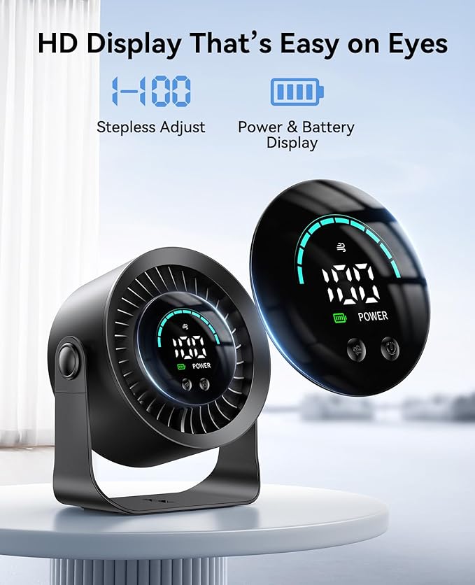 DIGIX Rechargeable USB Desk Fan for Bedroom, 100 Speeds, 360° Rotation, Wall Mounted Design Small Portable Table Fan with LED Display, Quiet Personal Desktop Cooling Fans for Home Office (Black)