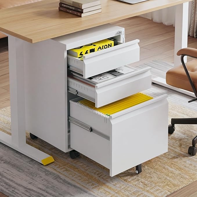 3 Drawer Metal File Cabinet with Lock and Wheels, Mobile Under Desk Filing Cabinet for Home Office, Lockable Organizer for Letter/Legal/A4, Rolling Storage Cabinet for Office & Study,White