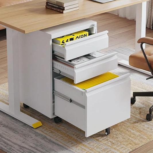 3 Drawer Metal File Cabinet with Lock and Wheels, Mobile Under Desk Filing Cabinet for Home Office, Lockable Organizer for Letter/Legal/A4, Rolling Storage Cabinet for Office & Study,White
