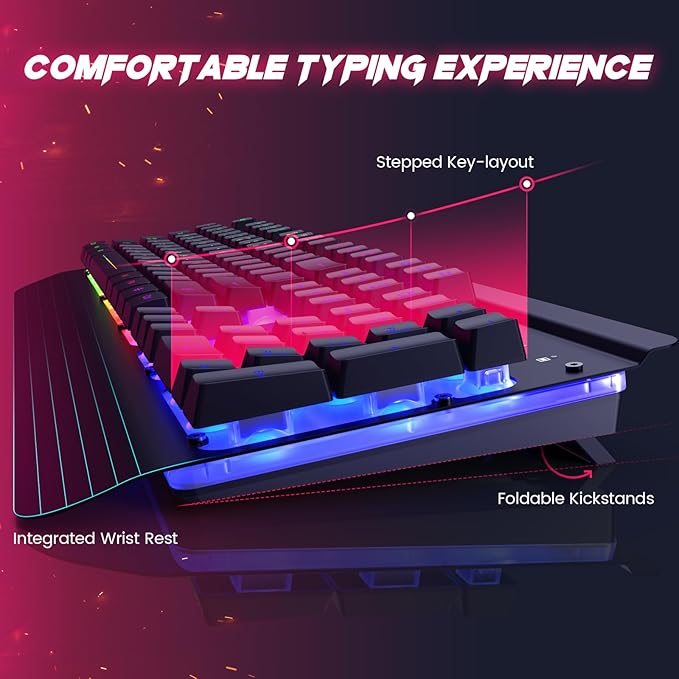 Wired Gaming Keyboard and Mouse Combo, 104 Keys All-Metal Panel Rainbow Computer Keyboard with Multimedia Keys Wrist Rest and LED Backlit Gaming Mouse 4200 DPI for Windows PC Gamers (Black)