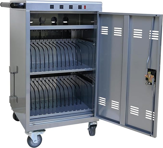 36 Device Charging Cart, Laptop and Tablet Storage Cart, Holds Up to 16.3" with Cord Management, Front and Rear Door Locks, Classroom or Office Charging Cabinet.Silver with 4 Position Power Strip