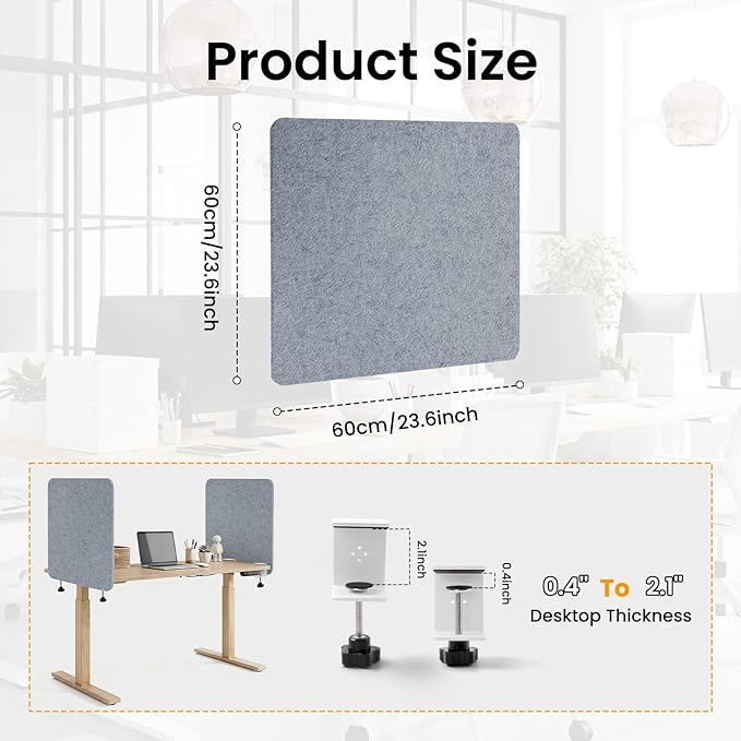 Desk Divider, Clamp On Felt Desk Privacy Panels, Acoustic Sound Absorbing Desk Partition for Office Desk, Reduce Distractions, Light Gray, 1 Pack, 24 x 24 in
