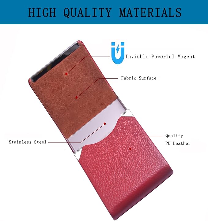 Business Card Holder with Ultra Slim Design,Business Card Case with Premium PU Leather, Suit Pocket Metal Card Holder for Women/Men,Professional Name Card Holder with Magnetic Shut(Red)