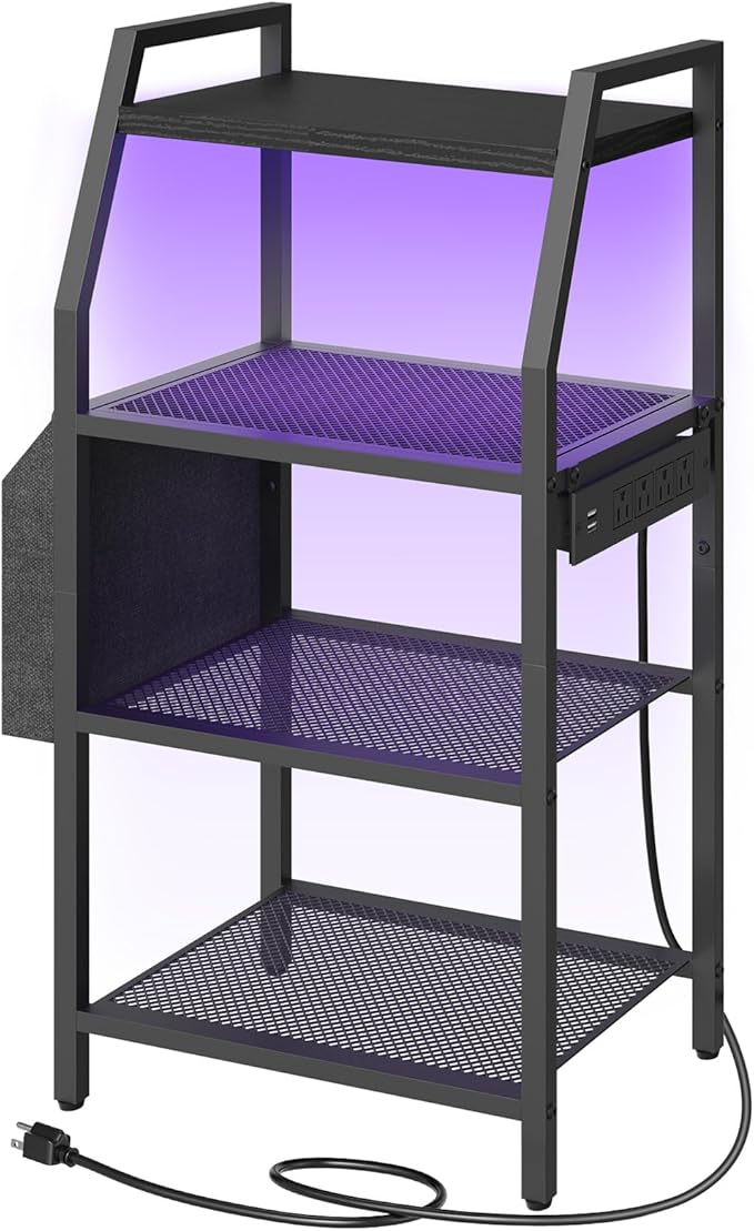 MAHANCRIS 4-Tier AV Media Stand with Power Outlet & LED Lights, Game Console Shelf with Side Storage Bag, Corner Stereo Stand Rack Audio Tower for Small Video DVD Players and Boxes, Black MSBK01E01