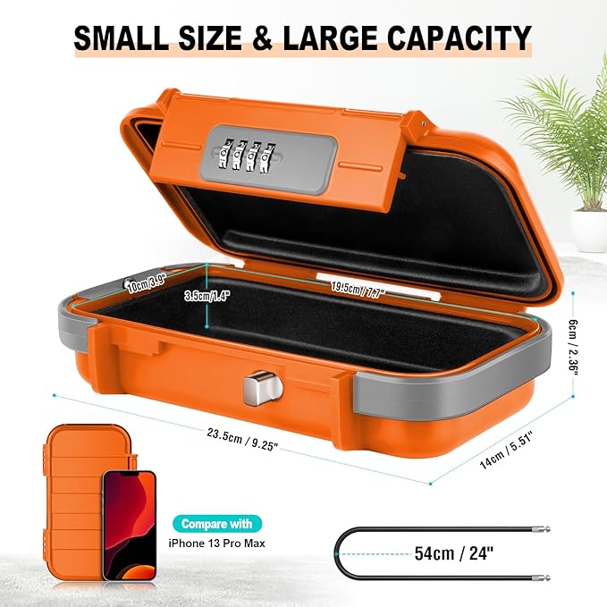 HUANLANG Portable Safe Lock Box with Combination Lock Mini Beach Travel Safe Waterproof Small Lockable Box with Removable Wire Rope Combination Safe Box for Dorm,Travel,Beach,Hotel,Car,Home,Office