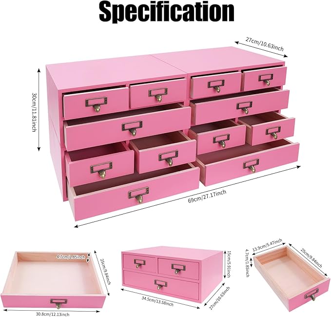 4 Packs Vintage Desktop Apothecary Cabinet with 3 Drawers, Vintage Desktop Organizer Wood Desktops Organizers Stackable Drawers Chest Drawer for Herb Storage Tea Collection Stationery (Pink)