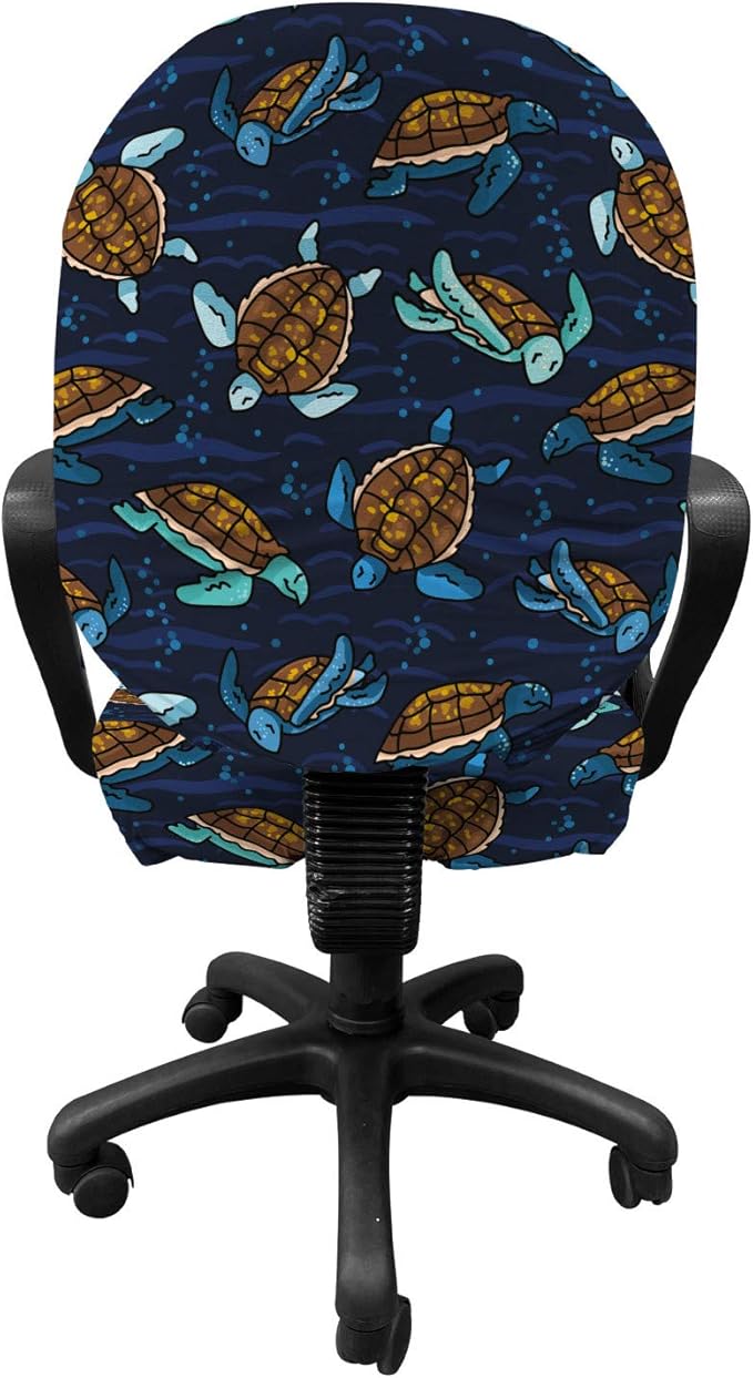 Ambesonne Under The Sea Office Chair Slipcover, Graphical Layout of Sea Turtles Cartoon Ocean Lifestyle, Protective Stretch Decorative Fabric Cover, Standard Size, Navy Brown