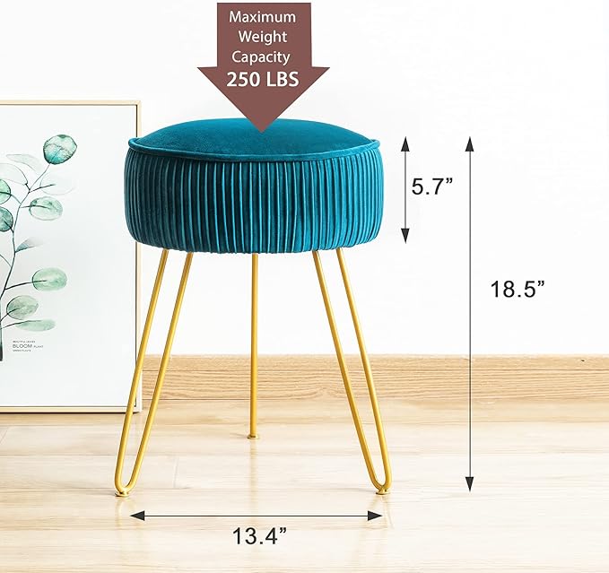 LUE BONA Pleated Vanity Stool, Velvet Upholstered Vanity for Makeup Room, Round Mondern Stool for Vanity, Ottoman Footrest with Metal Legs for Living Room, Bedroom, Peacock Blue