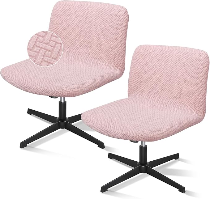 Criss Cross Chair Cover Pink, 2pcs Armless Vanity Swivel Office Computer Desk Chair Fuzzy Cover, Cross Legged Slipcover Mid Back Wide Seat Covers No Wheels for Bedroom（Only Covers, No Chairs）