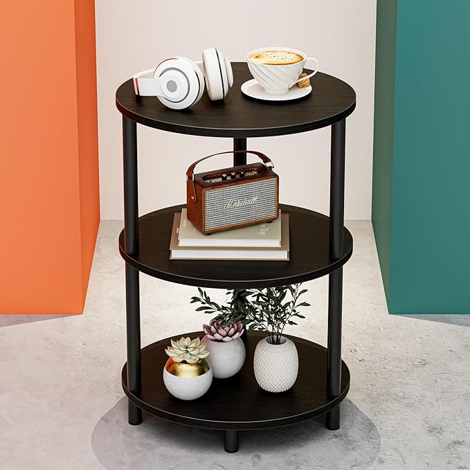 Round Pedestal End Table - 3-Tier Oval Accent Table for Small Spaces, Rustic Wood and Metal Couch Side Table, Nightstand for Bedroom or End Table Living Room, Easy to Assemble, Charcoal Wenge