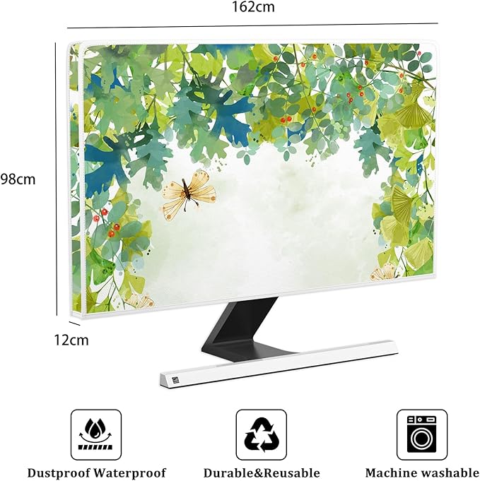 Watercolor Forest Waterproof Screen TV Dust Cover 70 Inch Spring Summer Botanical Butterfly Dust-Proof Television Covers Anti-Static Anti-Scratch Protective Cover for Desktop TVs