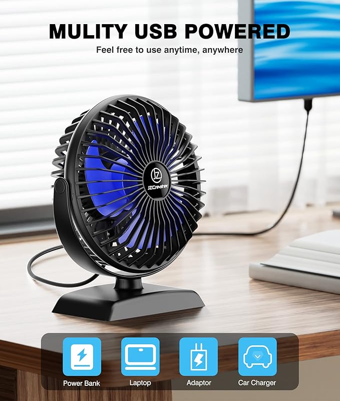 JZCreater USB Desk Fan, 360 Rotation Personal Cooling Fan with 3 Speeds, Quiet, Small, USB Powered for Home, Office, Bedroom, Car, Travel, Black