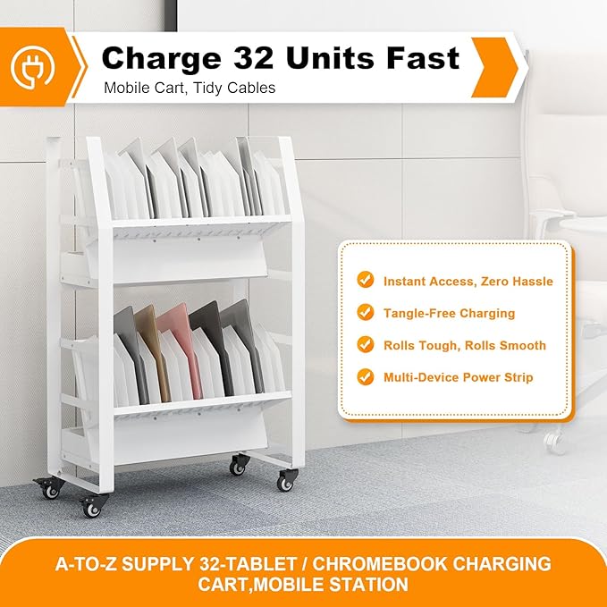 32 Device Mobile Charging Cart Universal Open Charging Station for Chromebooks iPads Laptops Tablets with Secure Storage Rack and Smooth Rolling Wheels