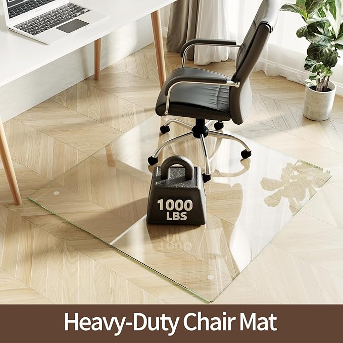 Koonmi Tempered Glass Chair Mat 46"x46" - Premium Office Chair Mat for Hardwood Floors & Low-Pile Carpet with 4 Non-Slip Pads - Thick Scratch-Resistant Surface