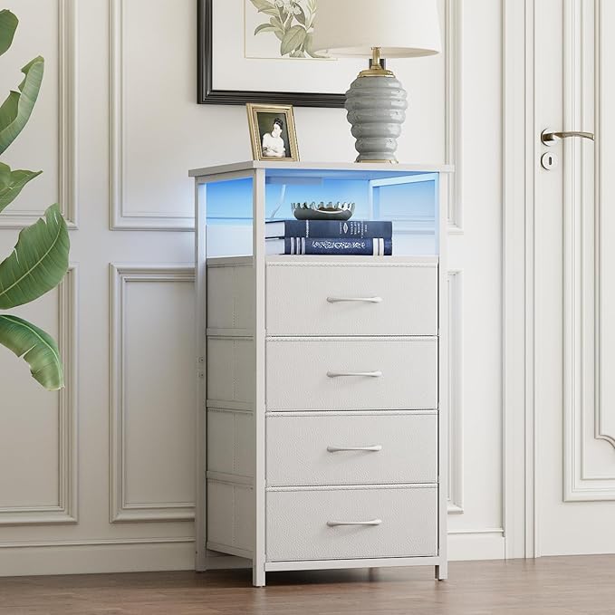 Fixwal Tall Nightstand with Charging Station, Night Stand with U-S-B Ports and Outlets, 4 Fabric Storage Drawers with PU Finish, Small Dresser Bed Side Table, White