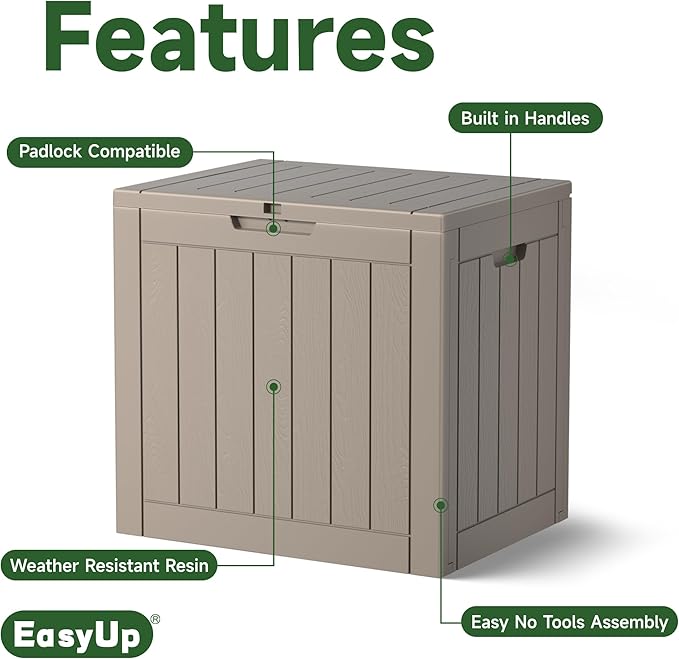 EasyUp Outdoor Storage Box, Waterproof Resin Deck Box, Reinforced Stability UV-Resistant for Patio, Garden and Poolside (Gray, 35 Gallons)