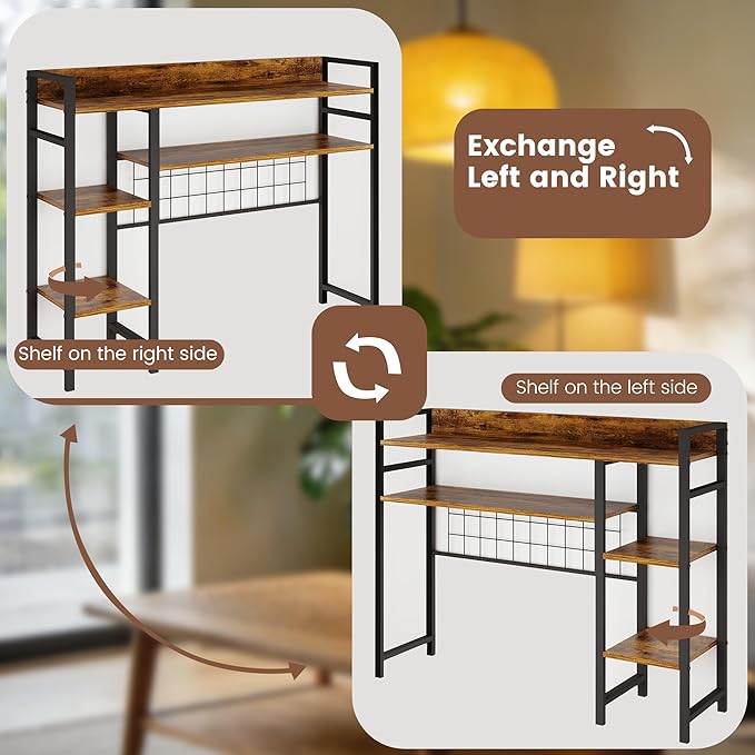 WAYTRIM Desk Shelf, Wood Desk Organizer Shelf 4 Tier Countertop Desktop Bookshelf Cubicle Storage Rack Top of Desk, Desk Hutch Dorm for Top of Desk Pegboard Hooks Set Desktop Display Rack (Brown)