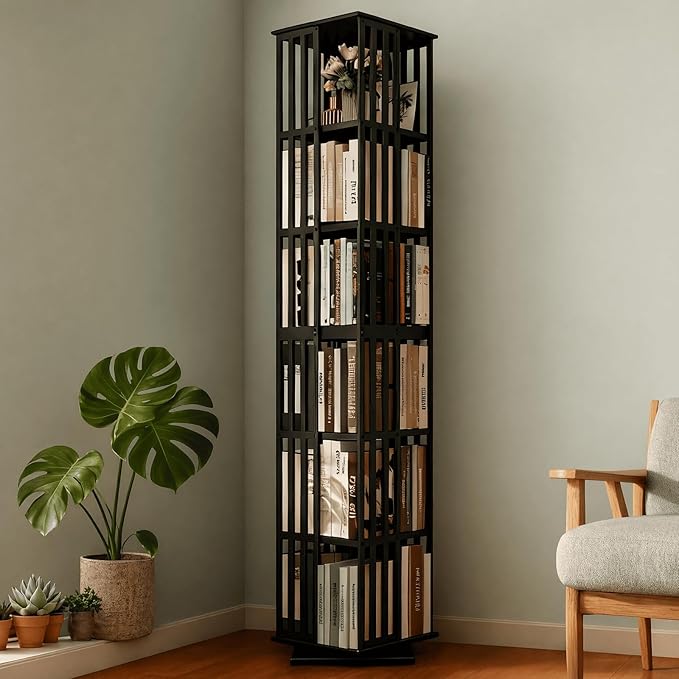 Lauxery Rotating Bookshelf– 6 Tier 360° Bamboo Revolving Bookcase, Spinning Corner Bookshelf, Space-Saving Book Shelf Tower for Small Spaces, Home Office, Living Room Vertical Storage– Black