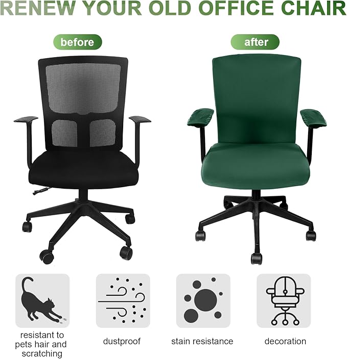 Tallew 4 Pcs Office Chair Covers Set Computer Universal Protective Stretchable Chair Seat Covers Desk Armrest Cover Pads Office Cushion Backrest for Rotating(Regular,Dark Green)
