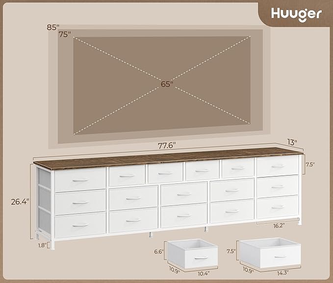 Huuger 77.6" Long Dresser for Bedroom, 16 Drawer Fabric Dresser for Closet, Wide Chest of Drawers with Storage, TV Stand for 65, 75, 85 Inch TV, 77.6" W x 12.9" D x 26.7" H, Farmhouse White