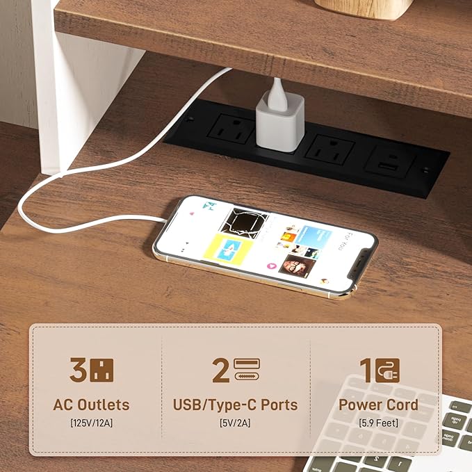 Vabches 51" Executive Desk Farmhouse Home Office Desk with Charging Station, File Drawer, Storage Cabinet, Monitor Stand, Wood Computer Desk with Hutch for Work Study Writing (Rustic White)