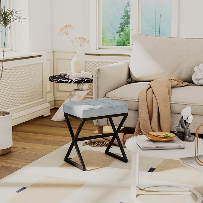 YMYNY Vanity Stool, Linen Footrest Stool, Ottoman Bench with X-Shaped Metal Legs, Makeup Dressing Stool for Vanity, Living Room, Bedroom, Entryway, Hallways 15.74"D×11.81"W×18.11"H Blue Gray UHBD033L