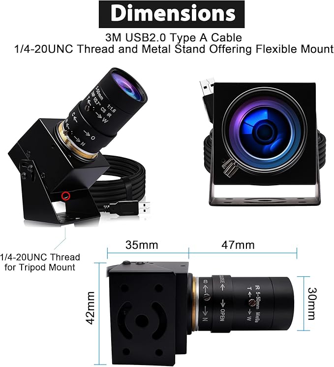 SVPRO 8MP USB Camera, Manual Focus Webcam with Varifocal 5-50mm CS Mount Lens-10X Zoom External Camera for Laptop PC Computer, UVC Plug and Play UVC