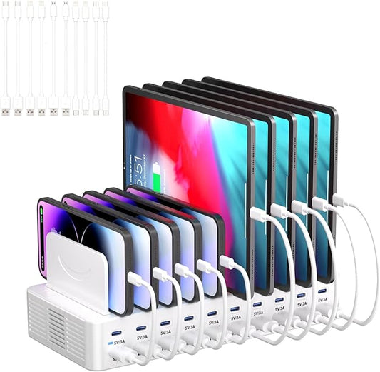 270W Charging Station for Multiple Devices, 20-Port USB Fast Charging Station with Adjustable Dividers & 10 Cables, Multi Device Organizer Charging Dock for iPhone, iPad, Tablets & More(White)