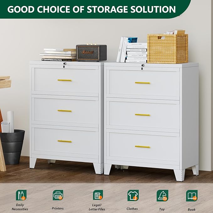 winiowa 3 Drawer File Cabinet, Metal Lateral File Cabinet with Lock, Locking Filing Cabinets for Home Office,Wide Office Storage Cabinet for Hanging Files Letter/Legal/F4/A4 Size (White, 3-Drawer)
