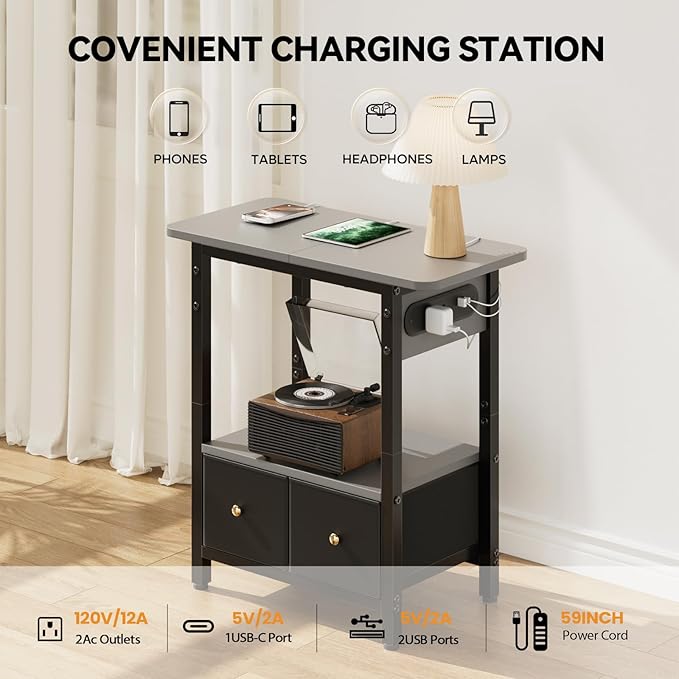 HLDIRECT Nightstand with Charging Station, Bedside Table with 2 Fabric Drawers and Large Storage Shelf for Small Space, End Table with Outlet and USB Ports for Living Room, Bedroom (Gray)