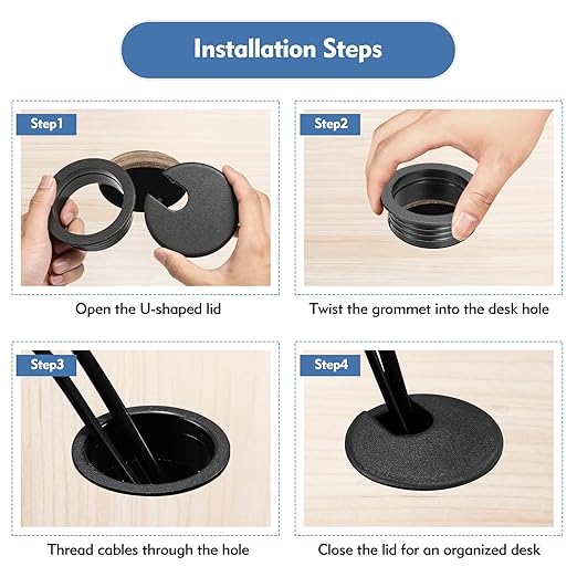 4 Pcs Desk Grommet Black Desk Hole Cover ABS Plastic Desks Hole Grommet with U-Shaped Cable Hole for Office Home School Computer Countertop to Organize Cables Wires and Cords