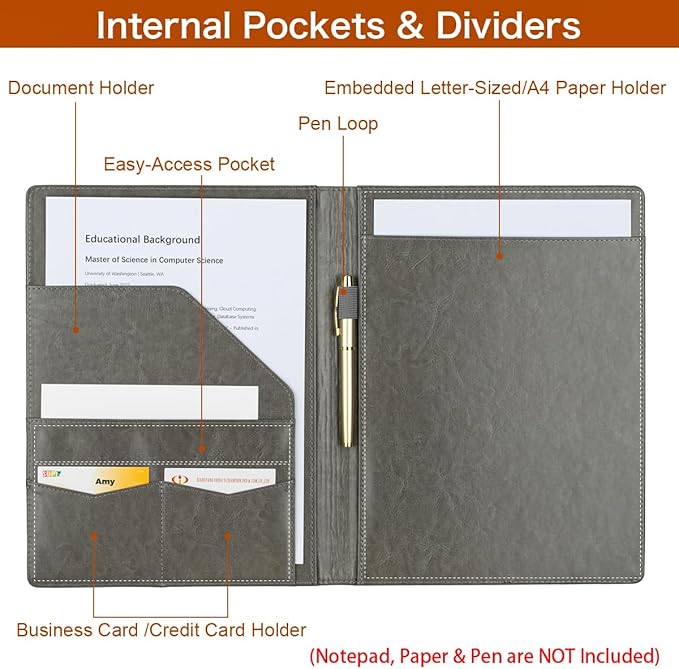 Padfolio Portfolio Binder, Faux Leather Folder, Resume Interview Legal Document Organizer, Letter Sized Writing Pad w/Business Card Holder, A4 Professional Folio for Office Conference (Grey)