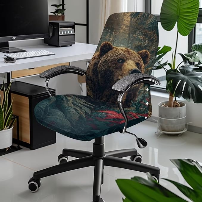 Talayituse Forest Bear Print Office Chair Covers, Stretch Computer Chair Cover, Universal Boss Chairs Covers Modern Simplism Style High Back Chairs Slipcover, Small