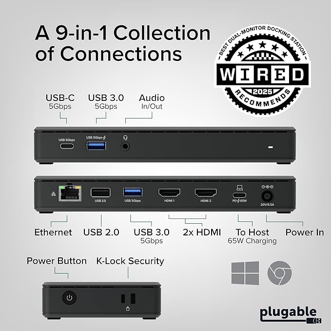 Plugable USB-C Docking Station Dual 4K 60Hz HDMI, 65W Charging, Gigabit Ethernet, 1x USB-C 5Gbps, 3X USB-A, Audio, Windows/ChromeOS, USB-C/USB4/Thunderbolt, Driverless (UD-MSTH2)