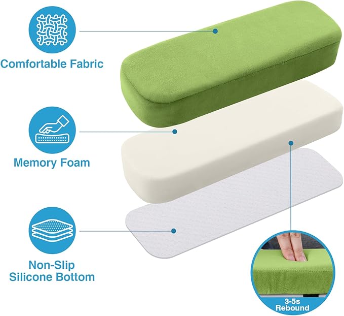 Smiry Ergonomic Office Chair Armrest Pads, Memory Foam Arm Rest Covers, Non-Slip Armrest Cushion with Adjustable Buckles and Straps, Elbow Relief for Desk, Gaming & Wheelchair (Green, Set of 2)