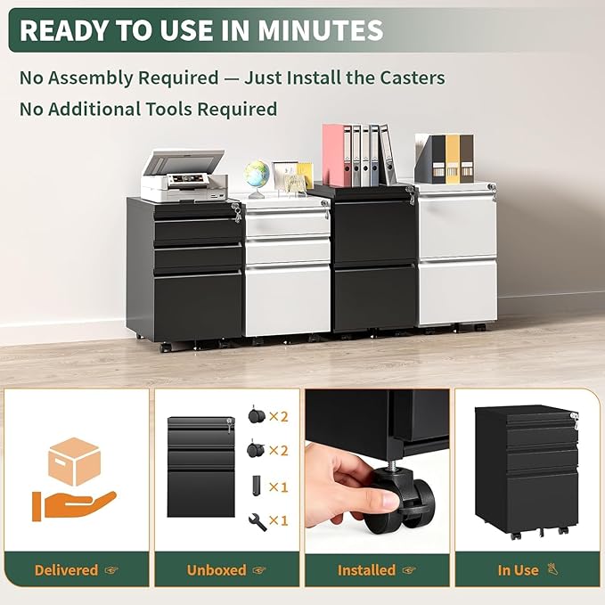 3 Drawer File Cabinet with Lock, Mobile Metal Filing Cabinet for Letter/Legal/A4 Size, Under Desk Rolling Office Storage Cabinet, Fully Assembled Except Casters, Black