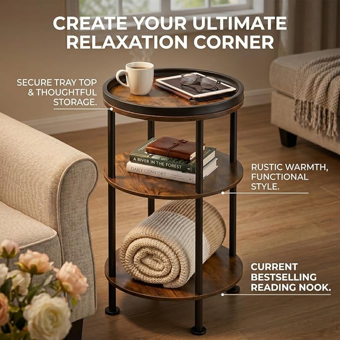 Small Round Side Table with Tray Top (Patented Design), 11.8" Narrow End Table for Small Spaces, 3-Tier Industrial Nightstand, Original Rustic Accent Furniture for Living Room Bedroom, Rustic Brown