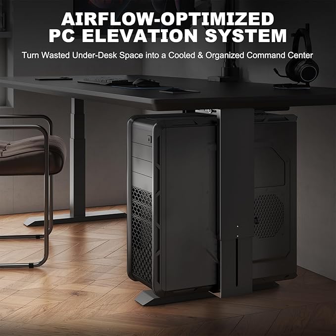 Under-Desk PC Mount - Adjustable PC Tower Holder 8 1/4"-12 15/16" inch Wide, Supports CPU up to 50 lbs, Steel Computer Case Bracket with Protective Padding, Black