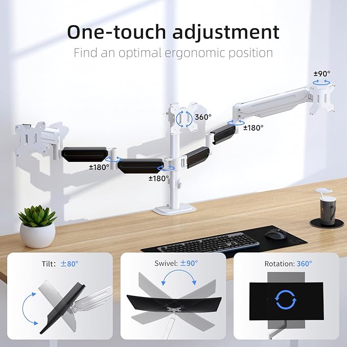 suptek Triple Monitor Mount for Most 17 to 32 inch Screens,Gas Springs Adjustment Triple Monitor Desk Mount Stand with Clamp & Grommet Kit,White(MDX003W)