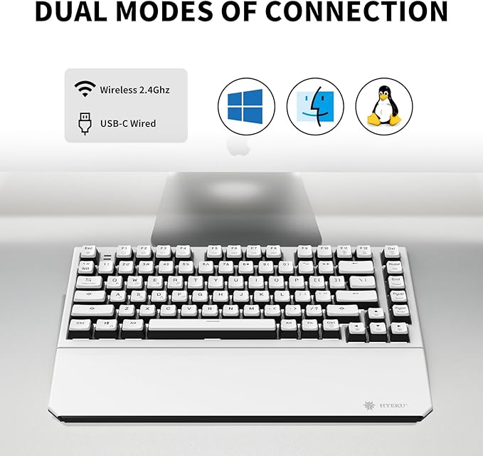 Hexgears X2 TKL Wireless Mechanical Gaming Keyboard with Magnetic Wrist Rest, Dual-Mode 2.4GHz/USB-C Ergonomic Keyboard, Pre-lubed Clicky Switches, White LED Backlit Computer Gaming Keyboards