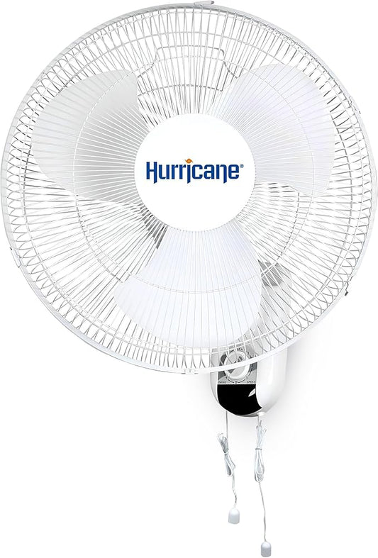 Hurricane Classic Oscillating Wall Mount Fan w/ 3 Quite Speeds, White, 16" - Corded Electric Air Cooling Unit w/ Easy Pull Cord Controls for Home, Grow Tents, Offices, Sheds, Studios, Garages & Dorms